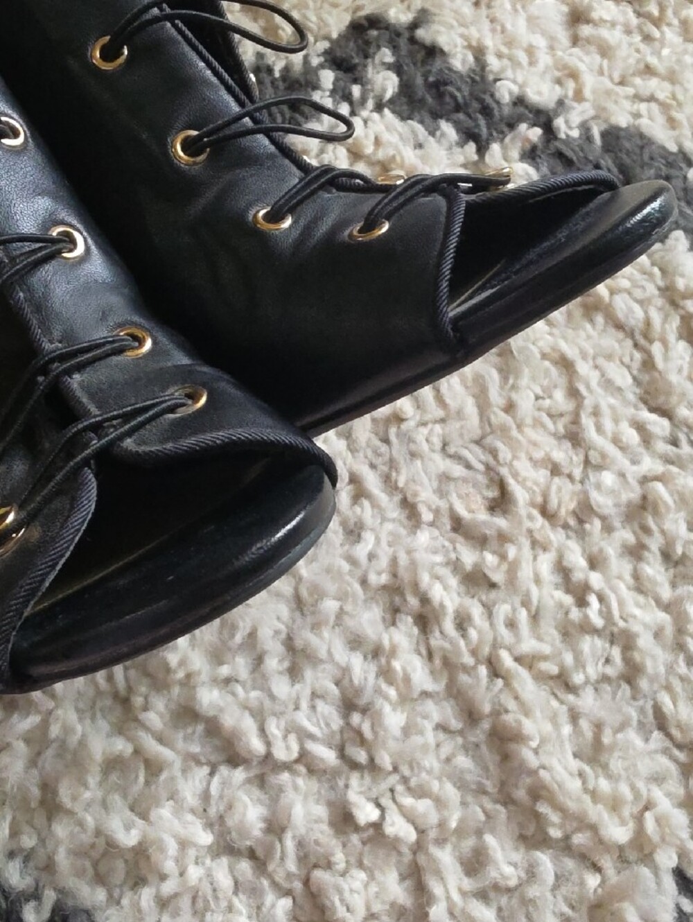 Enzo Angiolini ~Frances~Black Peep-Toe Lace-Up Heeled Booties with Gold Hardware - Picture 8 of 9